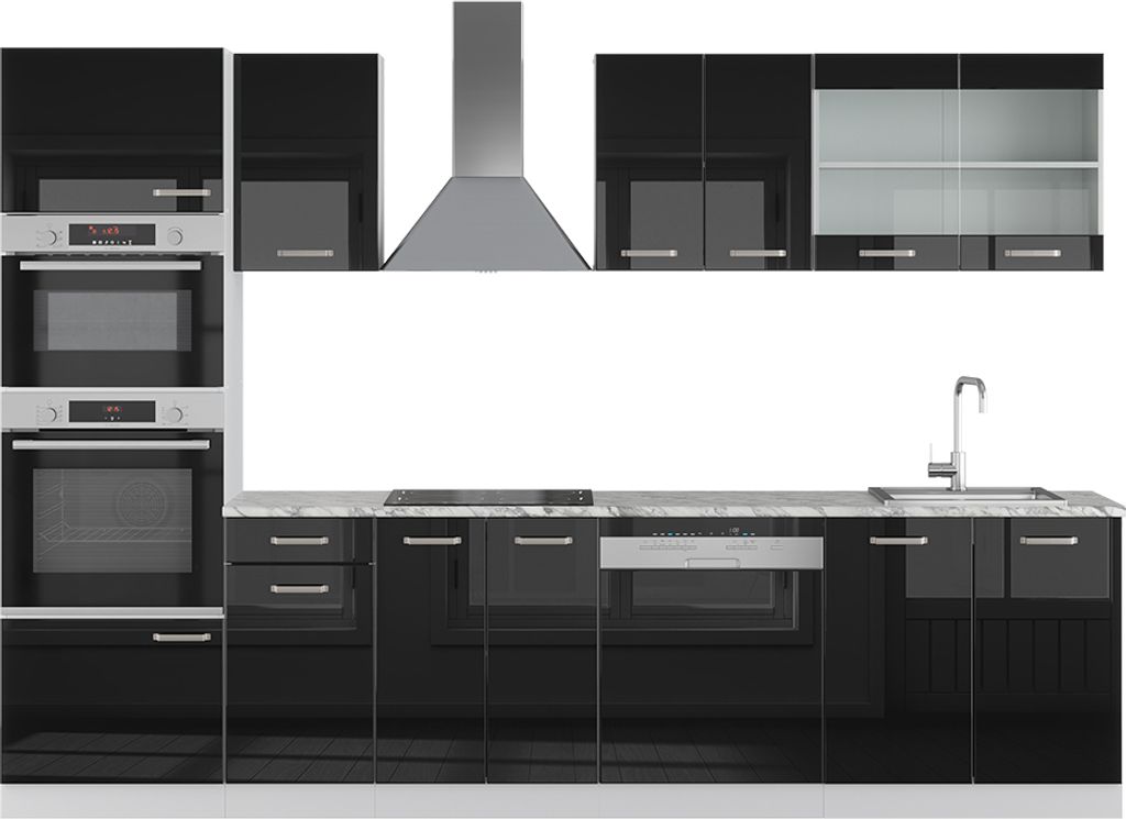 Küchenzeile Vicco R-Line Schwarz Hochglanz 300 cm mit Hochschrank, ohne Arbeitsplatte, Model 40985