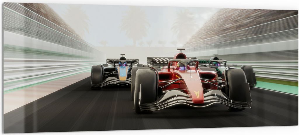 DEQORI Küchenrückwand Glas 125x50 cm 'Rasantes Duell' Spritzschutz Bad Rückwand Küche