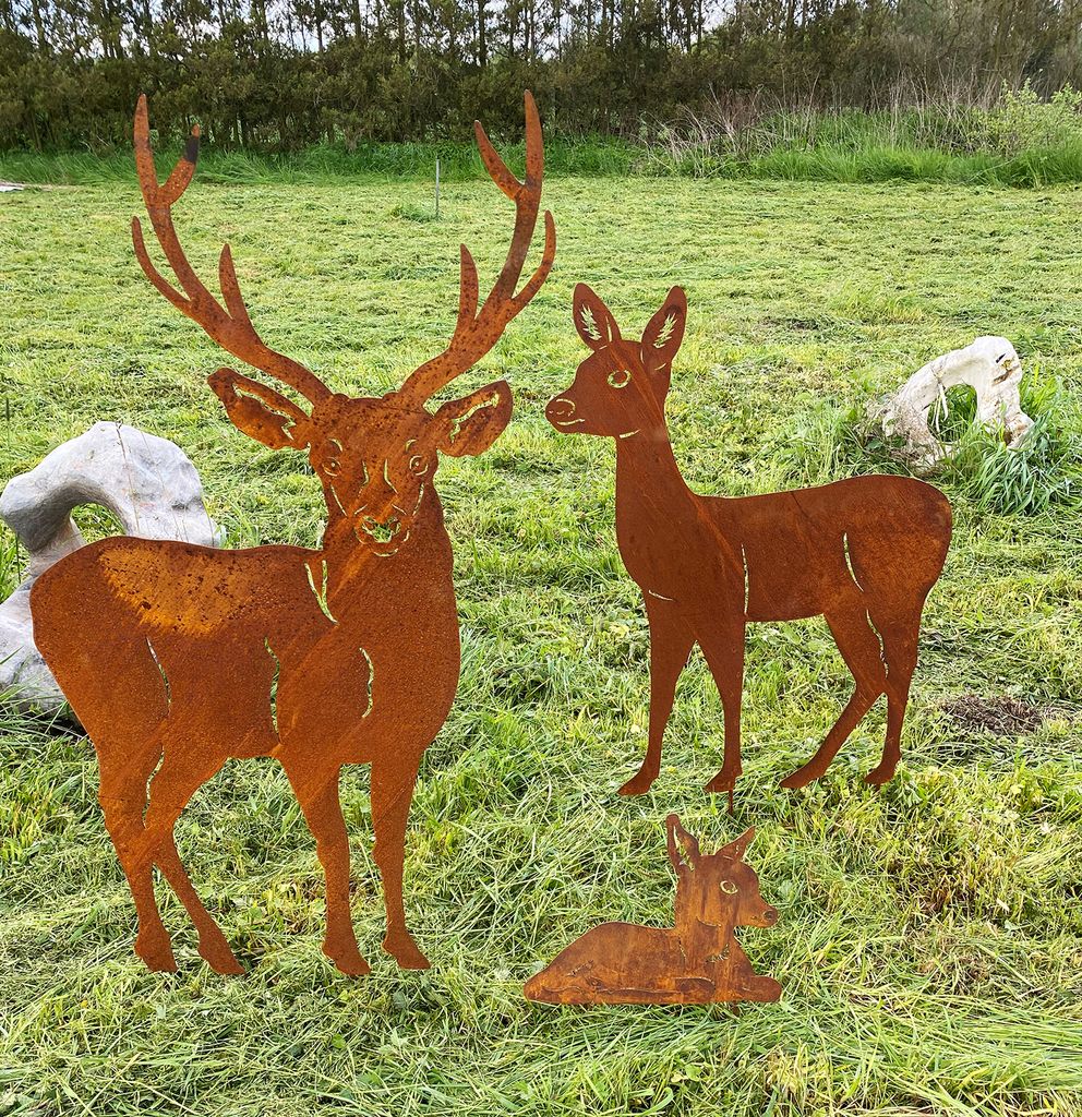 3er Set Hirsch Familie 117cm zum Stecken Reh mit Kitz und Hirsch Gartenstecker Edelrost Gartendeko Rost Metall Rostfigur Hirsch Kitz Tier