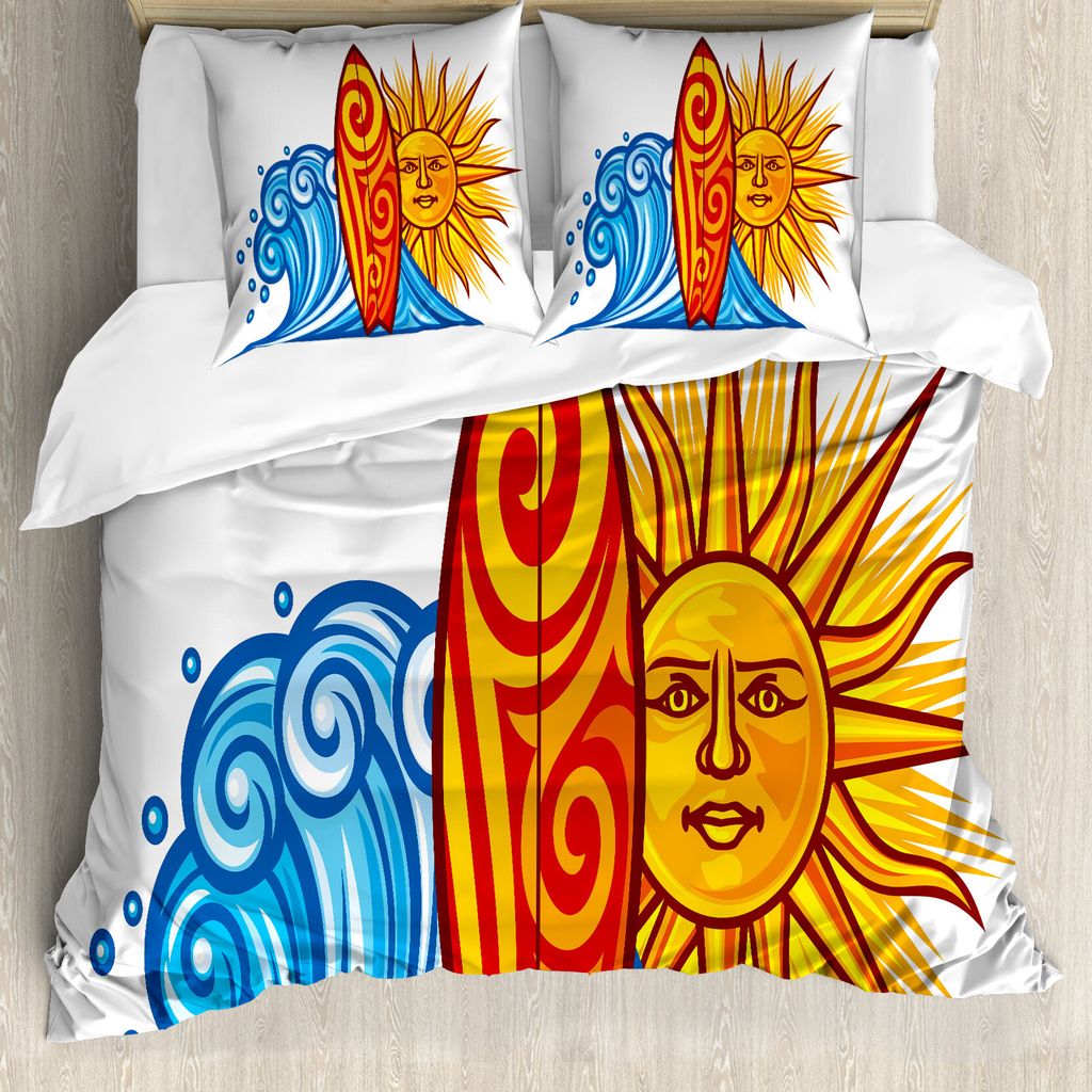 ABAKUHAUS Reite die Welle Bettbezug, Ocean Wave Sun, Milbensicher Allergiker geeignet mit Kissenbezügen, 200 cm x 200 cm - 80 x 80 cm, Vermilion G...