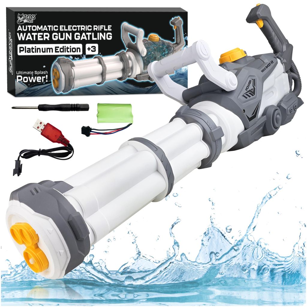 EVI TOYS MINIGUN SPLASH Elektrische Wasserpistole Automatisch, 10m Reichweite, 1,3L Tank, USB Akku, Wassergewehr Spielzeug für Kinder, Weiß-Grau