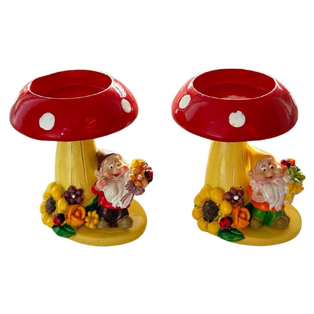 abc HOME Teelichthalter Wichtel & Fliegenpilz 2er Set – Herbstliche Kerzenhalter aus Polyresin – Dekofiguren für Standard-Teelichter