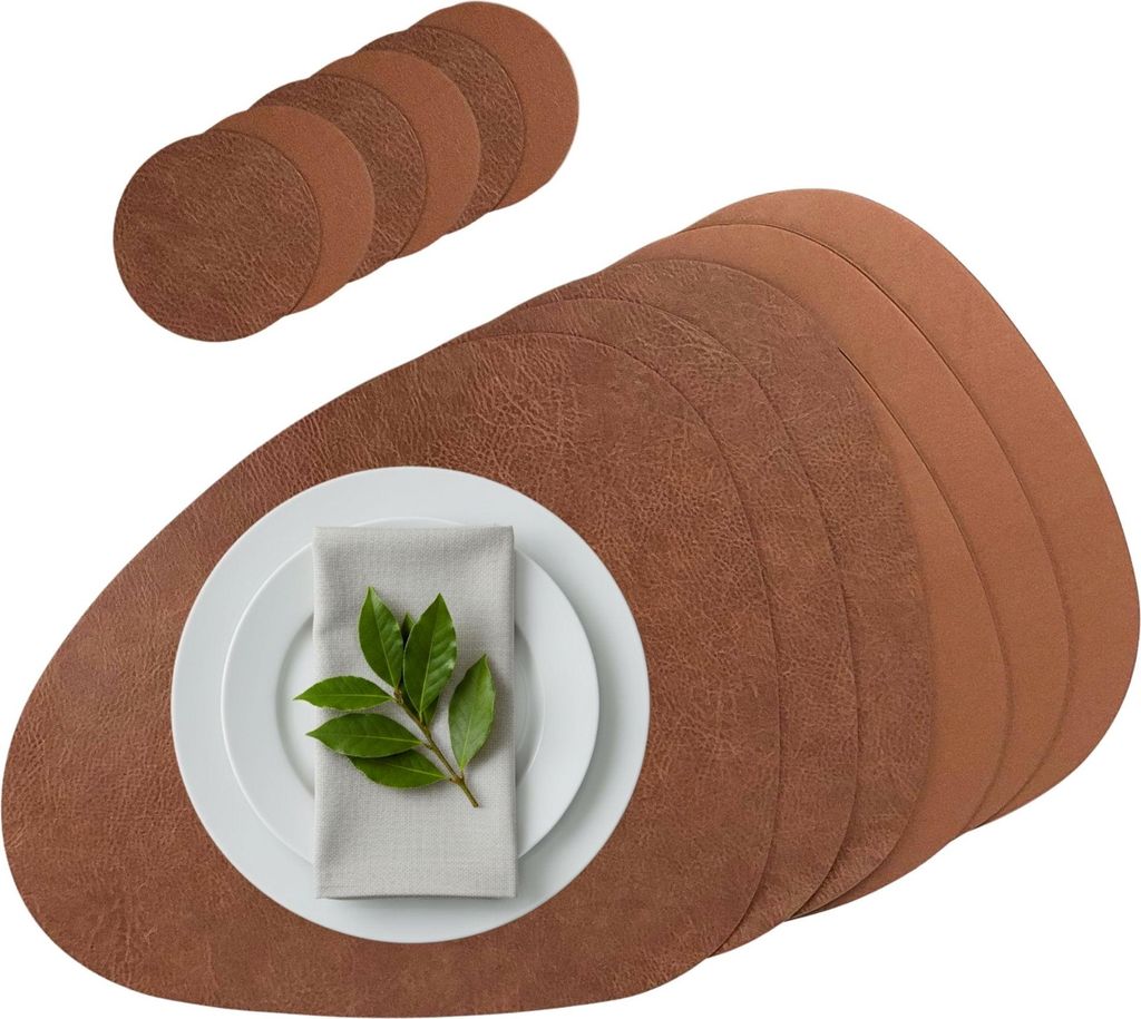 Platzset 6er Set, 2in1 Wende-Tischunterlage Kunstleder oval, Platzdeckchen 40x31cm Nierenform (Rostbraun)