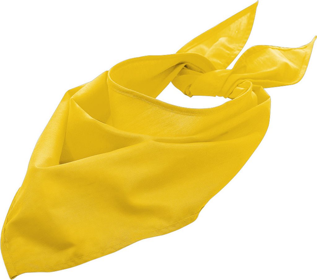 A yellow bandana is tied in a knot and lies diagonally on a white background.
