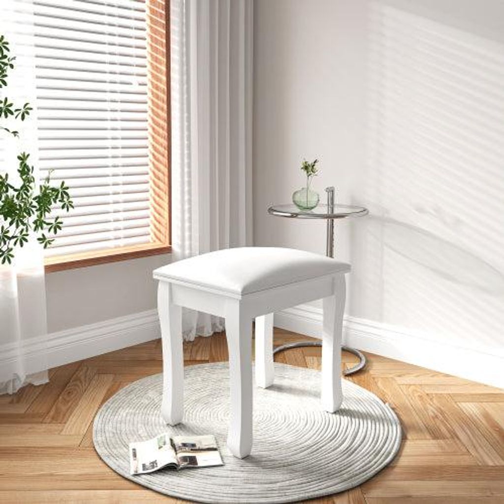 Schminkhocker Gepolstert, Polsterhocker Kunstleder, Schminkstuhl ohne Lehne, Fußhocker mit Massivholzbeinen