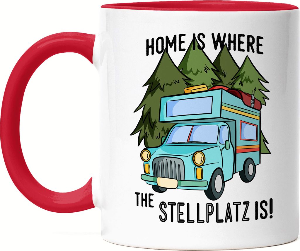 Camping Tasse mit Spruch Home is where the Stellplatz is Geschenk für Camper Wohnmobil Adventure Womo Tasse Rot