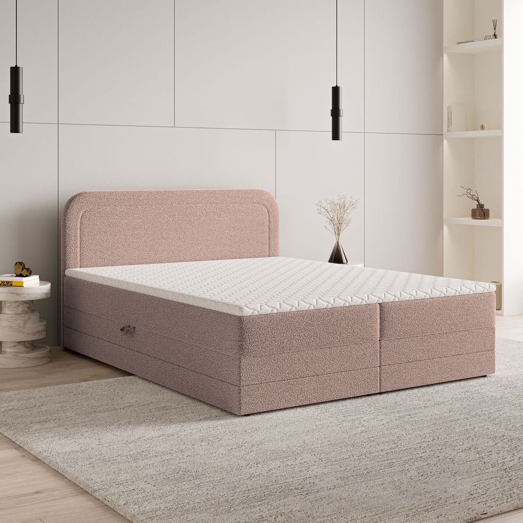 Masseno Boxspringbett ARMEL 140x200 cm Komplett-Set mit Bonell Matratze und Topper, Polsterbett mit Bettkästen -Rosa, NOW OR NEVER 61
