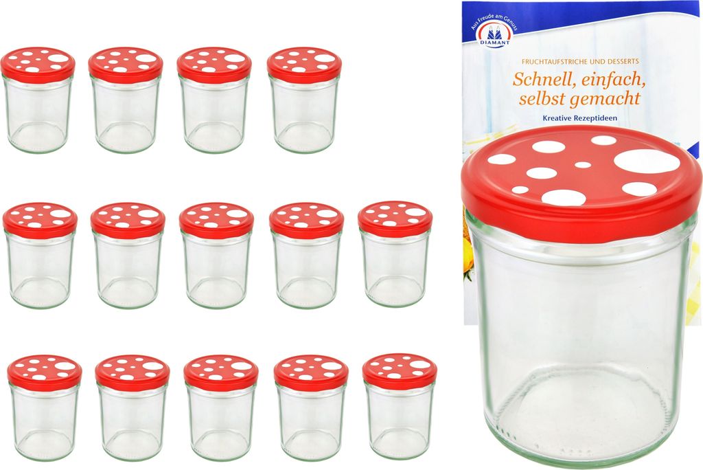 A set of glass jars with mushroom-themed lids and a recipe booklet.