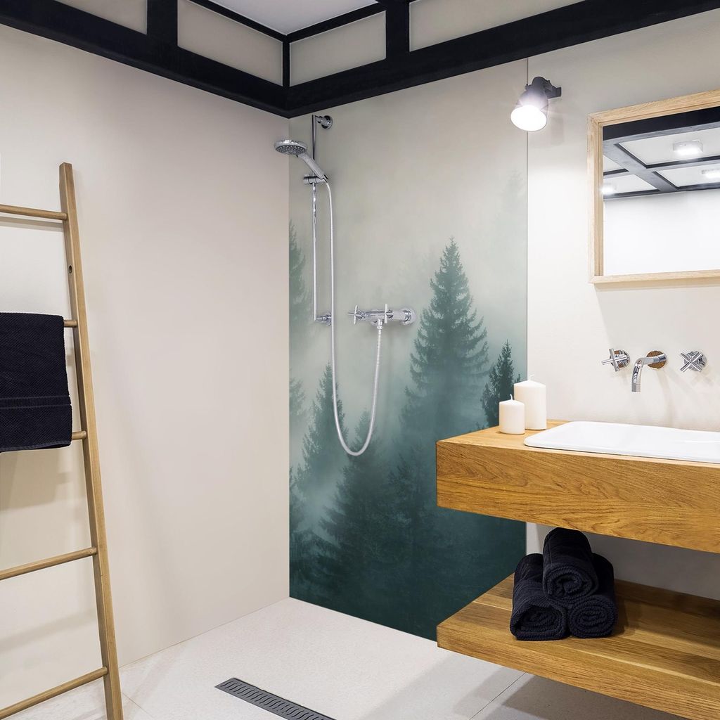 Duschrückwand Wald selbstklebend - 0.61 mm Wandpaneel wasserfest Wald beige Motiv Badrückwand fugenlos Premium matt 90x190 cm