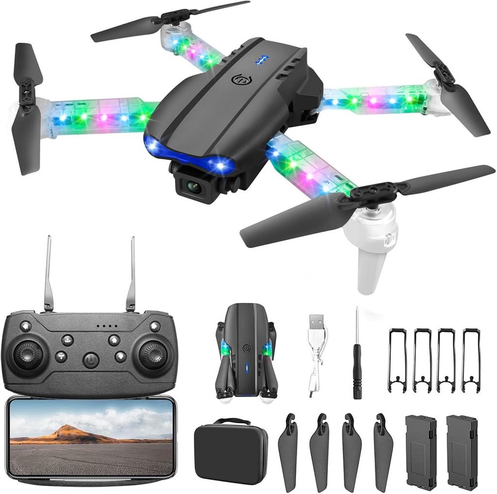 Drohne mit Kamera, 1080P RC Quadcopter, FPV Drone, WiFi Übertragung, One Key Start/Landen, 3D Flips, mit 2 Akkus