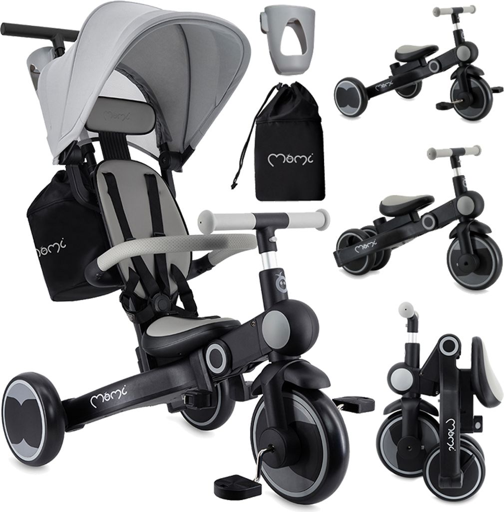 MoMi SOLIVIA – 4-in-1 Dreirad & Laufrad ab 12 Monaten, verstellbar, klappbar, mit Sicherheitsgurt, inkl. Tasche & Getränkehalter – Grau