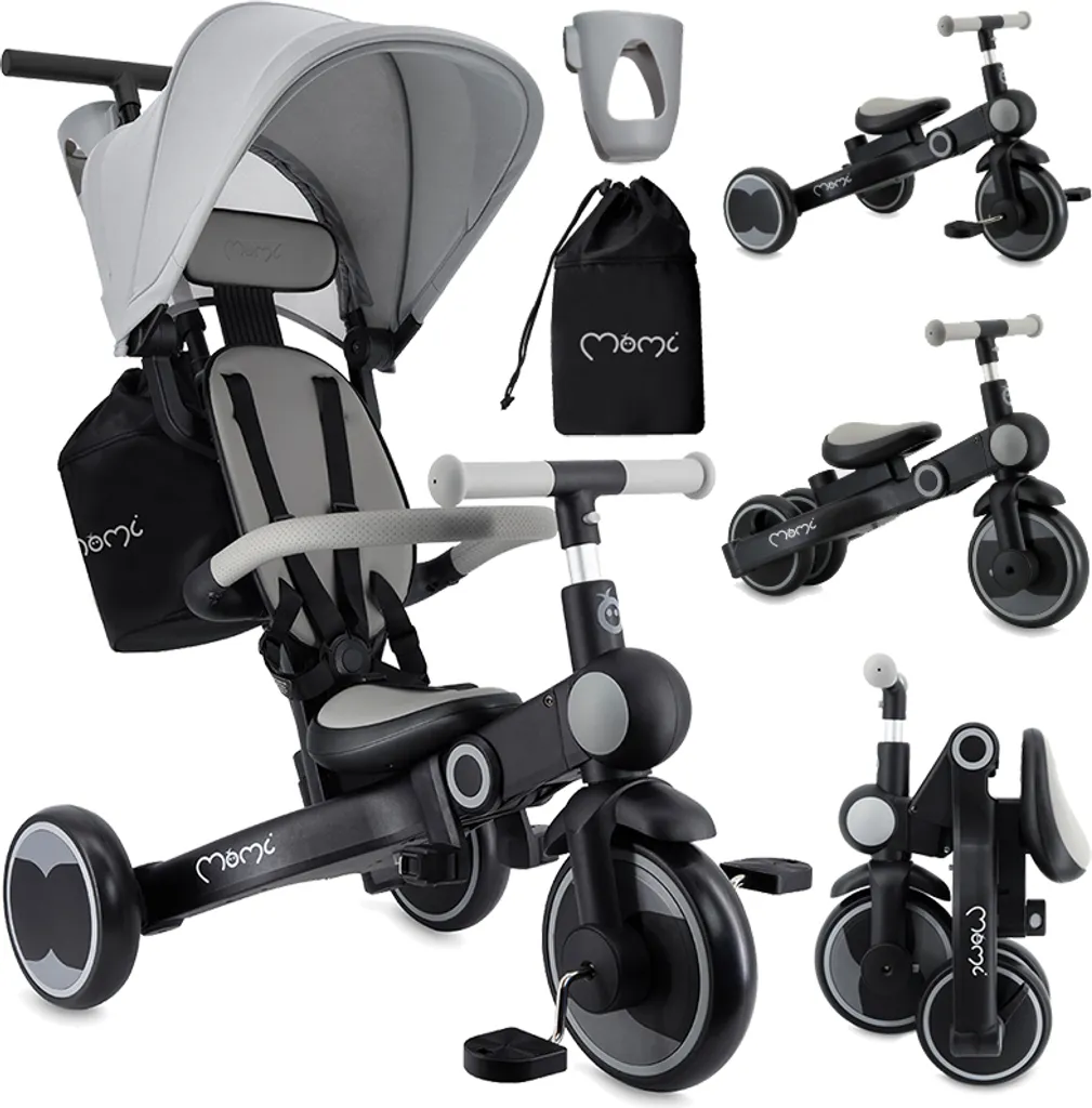 Tricycle MoMi SOLIVIA gris : Vélo évolutif 5-en-1 avec canne parentale