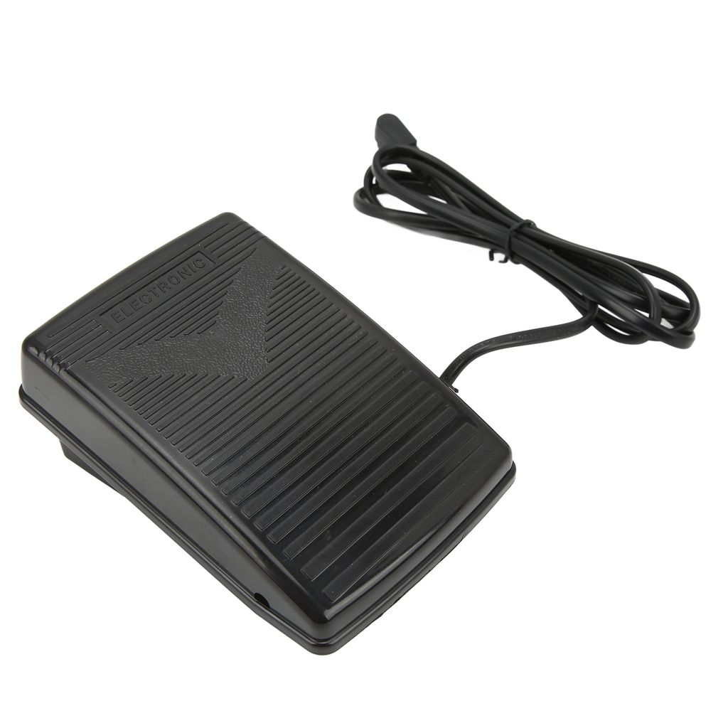 A black sewing machine foot pedal with a cord is shown on a white background.