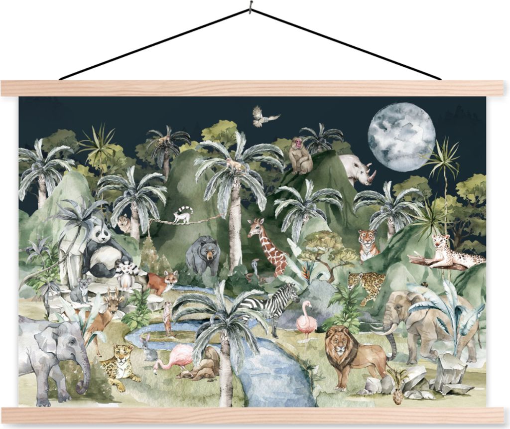 MuchoWow Textilposter Kinder - Dschungel - Natur - Tiere - Pflanzen 60x40 cm mit holzfarbenen Rahmen - Bilder