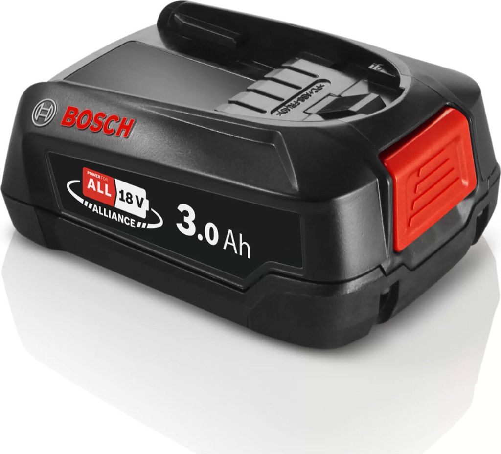 A black Bosch 18V 3.0 Ah lithium-ion battery pack with red accents.