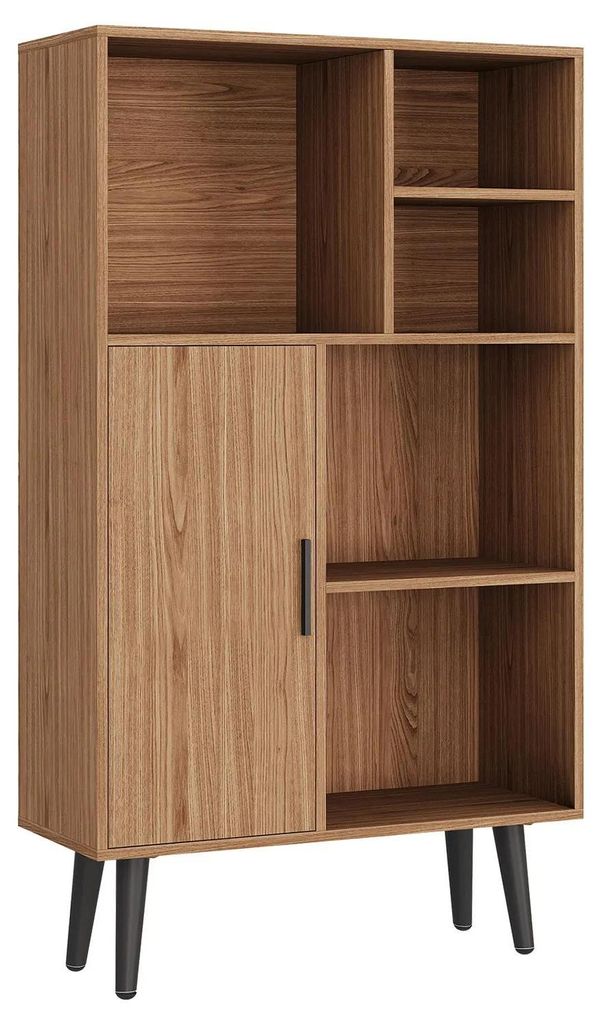 Bücherregal aus Holz - Kubusregal - Vier Ebenen - Mit Tür und Füßen - Freistehend - Minimalistisch modern - Braun