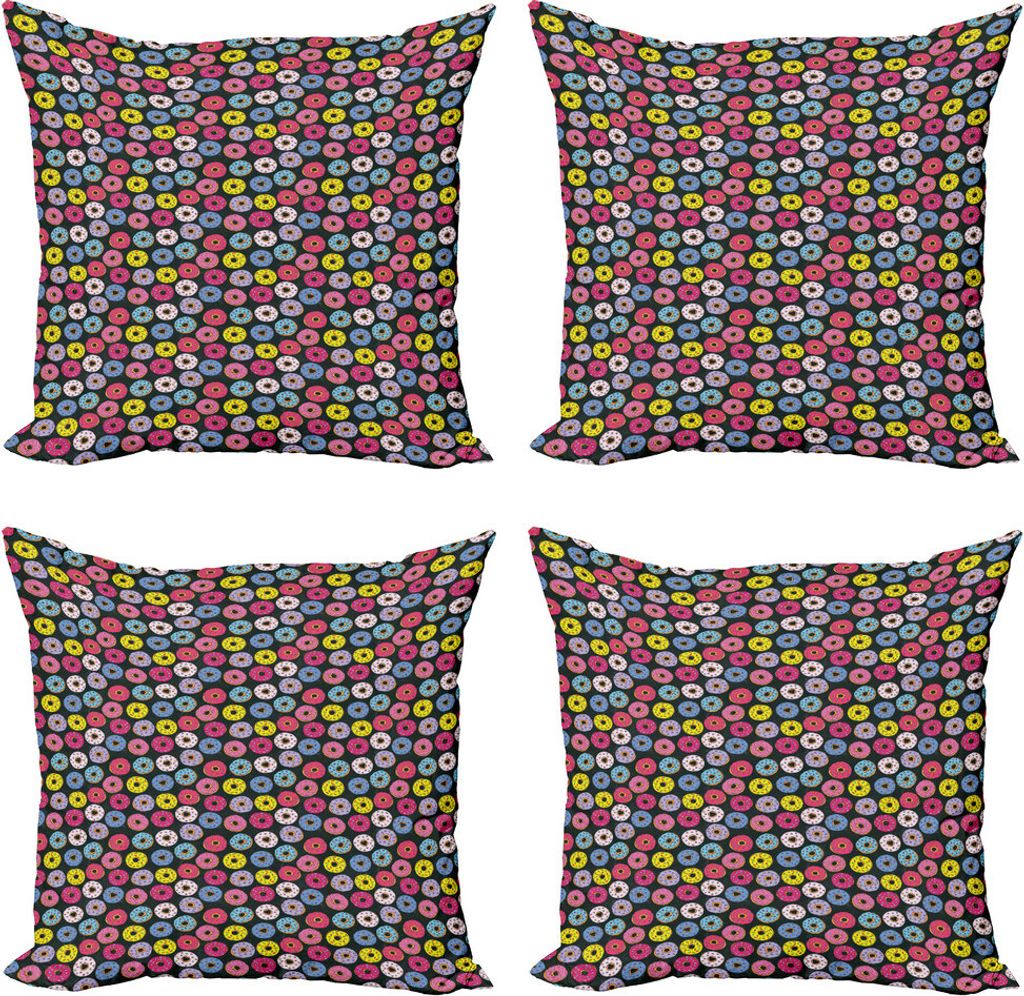 ABAKUHAUS Dessert Kissenbezug Set (4 Stück), Bunte Ring Donuts Doodle, Moderner Doppelseitiger Digitaldruck, 40 cm x 40 cm, Mehrfarbig