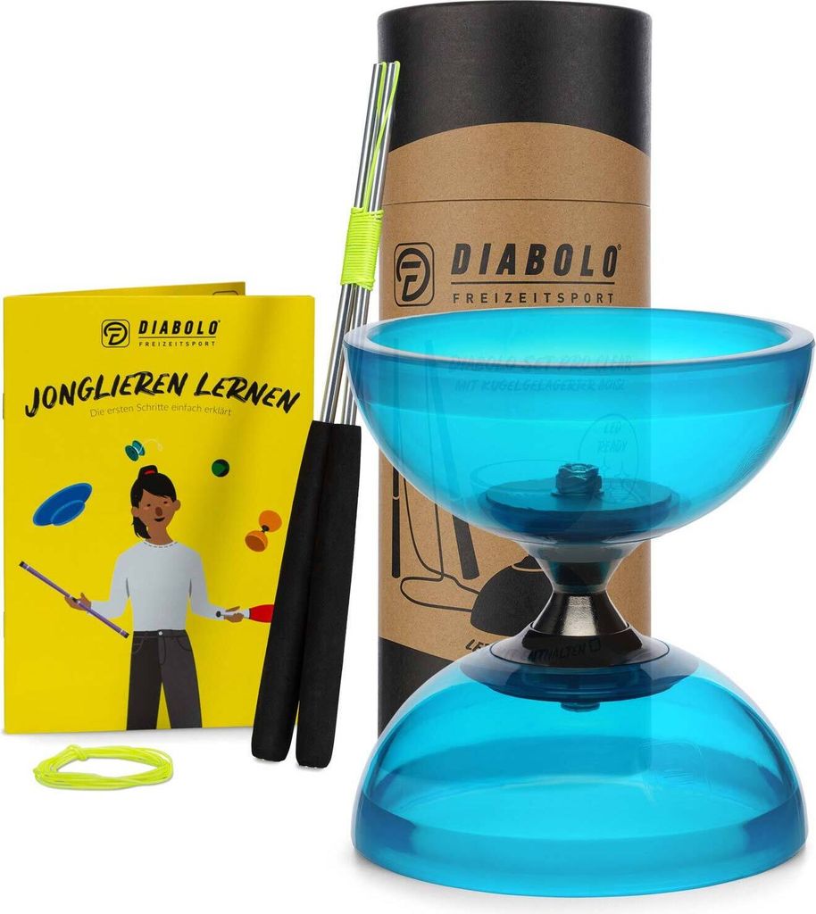 A diabolo set with a book and sticks, presented on a white background.