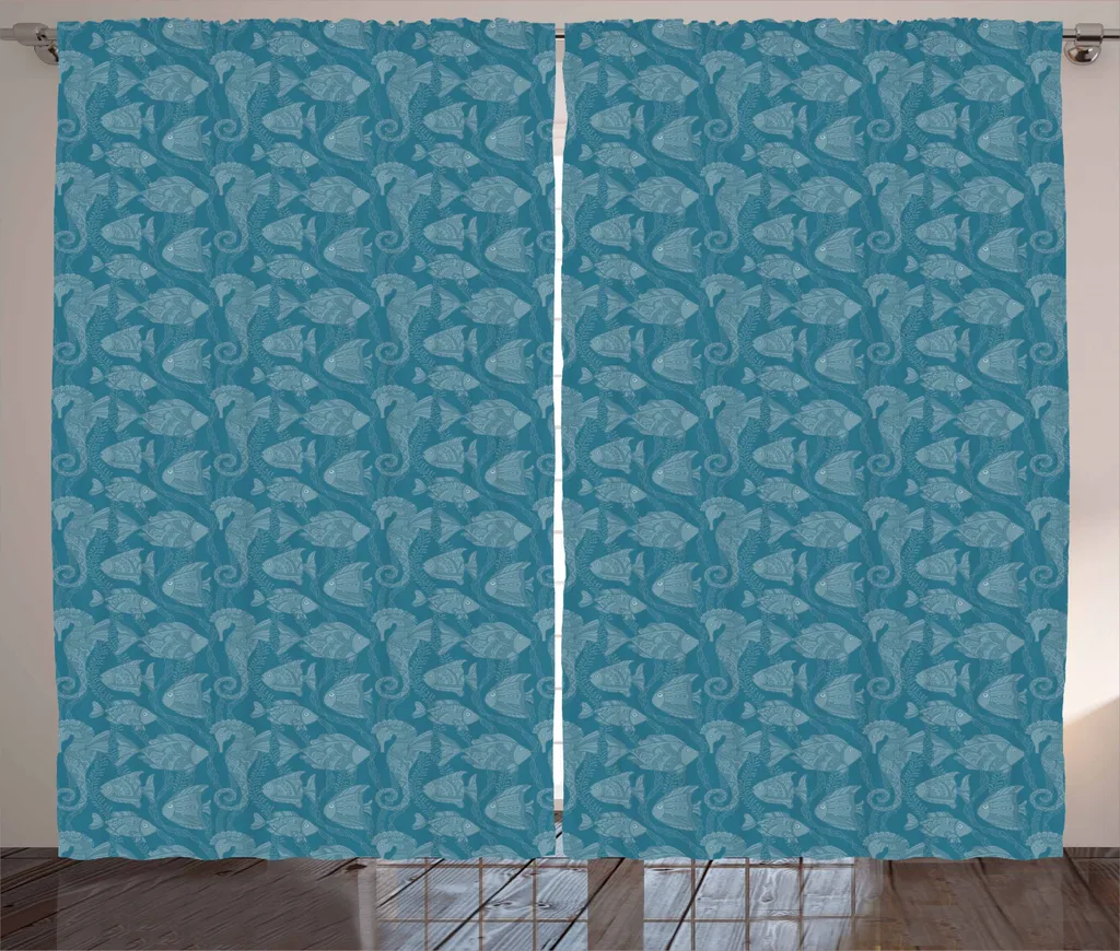 ABAKUHAUS Tenda rustica con motivi di pesci, fauna sottomarina, soggiorno Nastro universale Tende con passanti e ganci, 280 x 245 cm, blu petrolio, blu, grigio