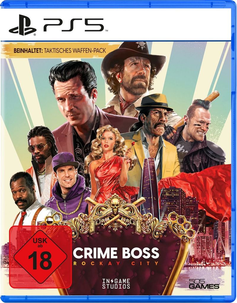 The image is a video game cover for 'Crime Boss: Rockay City' on PS5, featuring a collage of characters and game title.