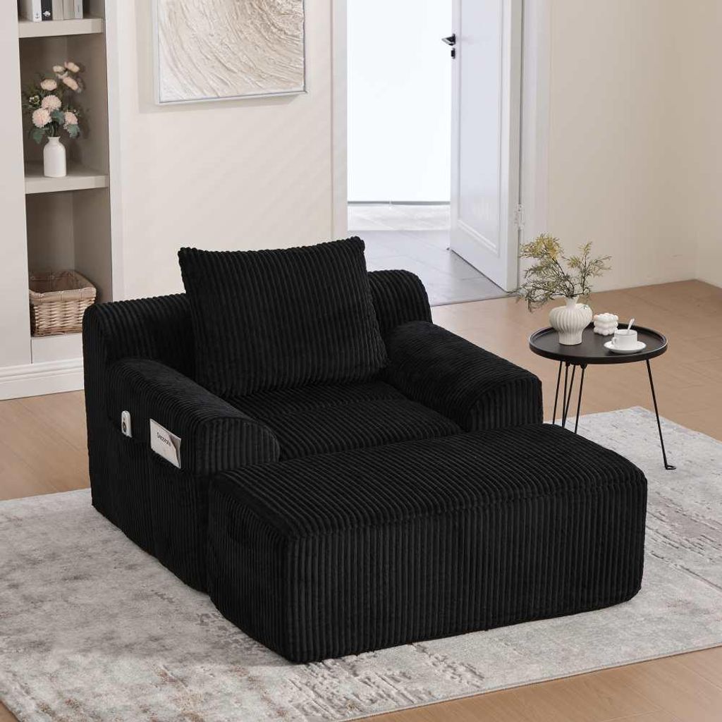 AIORBER XXL Cord Sessel Lesesessel mit Kissen, Relaxsessel 1-Sitzer mit Seitentaschen, weich gepolstert, ohne Montage, moderner Loungesessel Schwarz