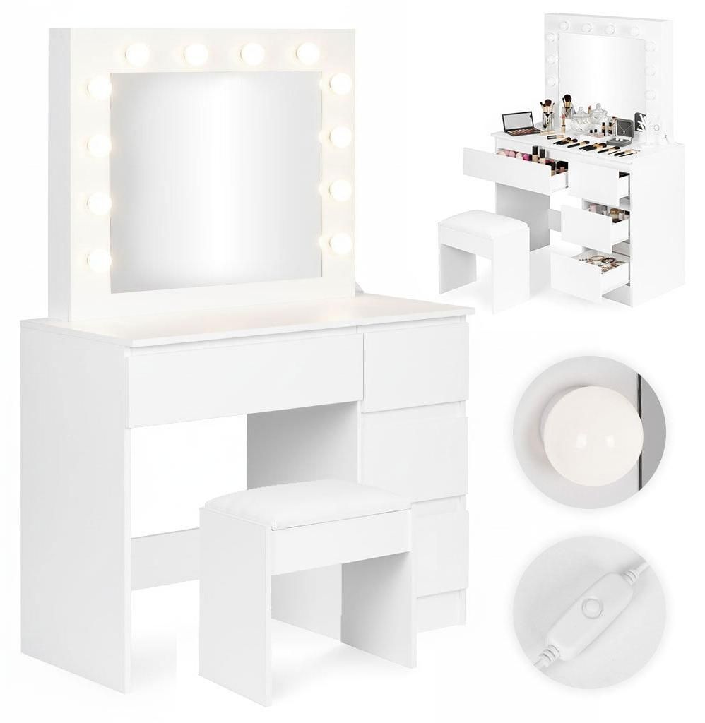 Schminktisch mit LED-Spiegel, 4 Schubladen + Hocker