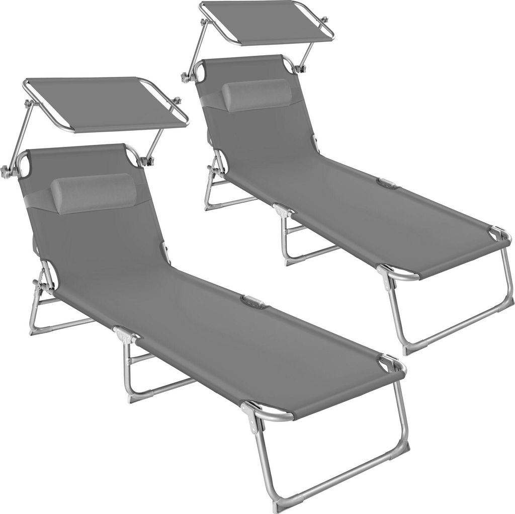 tectake 2er Set Gartenliegen 4-stufig klappbar mit Sonnendach und Polster - wetterfest - 68x190x65cm - Outdoor Liege