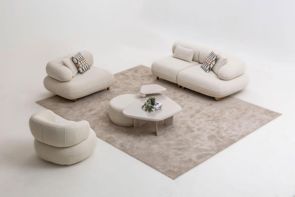 Beige Moderne Couchgarnitur Textilsofa Holz Couchtisch Hocker 5tlg