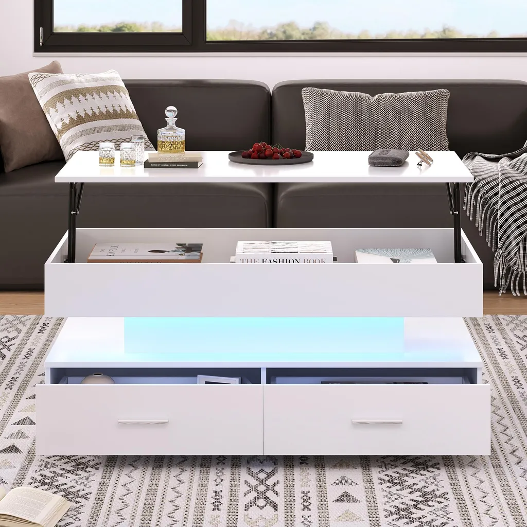 OKWISH Table Basse Relevable Blanc Laqué avec LED Bluetooth et 2 Tiroirs - 2