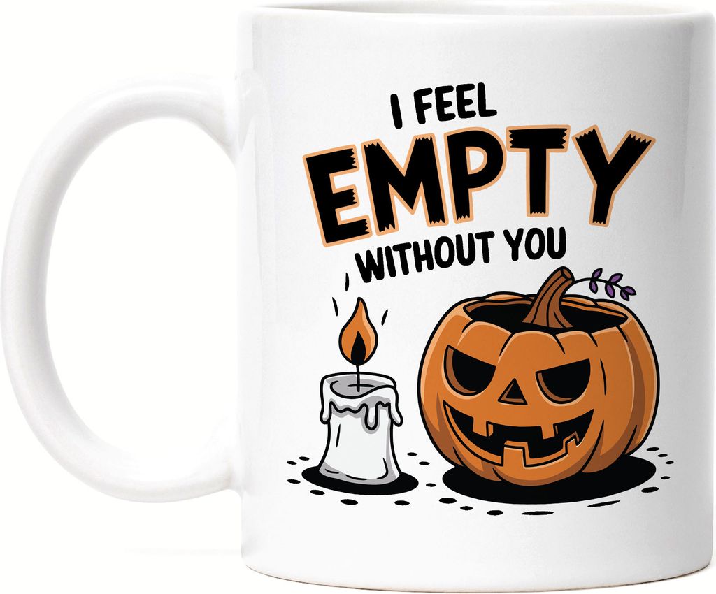 I feel empty without you Kürbismotiv Tasse Weiß Geschenkidee Halloween Kürbis Kerze