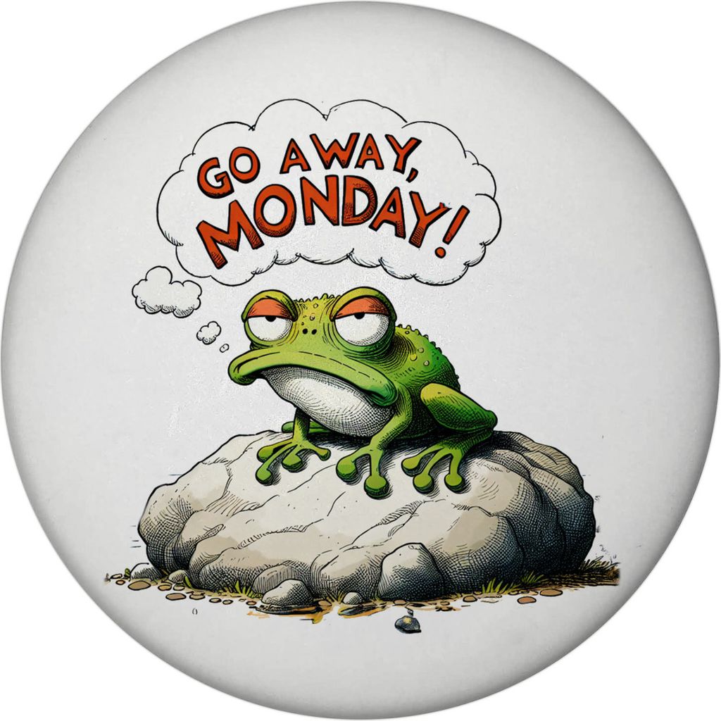 Mürrischer Frosch auf Stein Magnet mit Flaschenöffner rund mit Spruch Go away,
