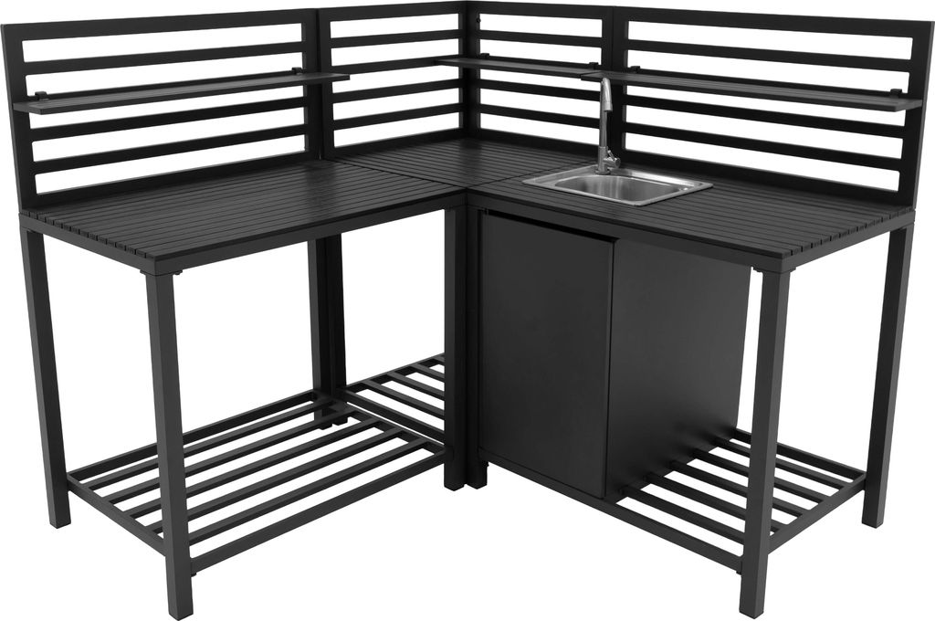 3-teiliges Outdoor-Küchenset mit modularer Konfiguration, Eckspüle & Tischmodul, Aluminium in Anthrazitgrau, Edelstahlspüle mit Kaltwasserhahn, ...