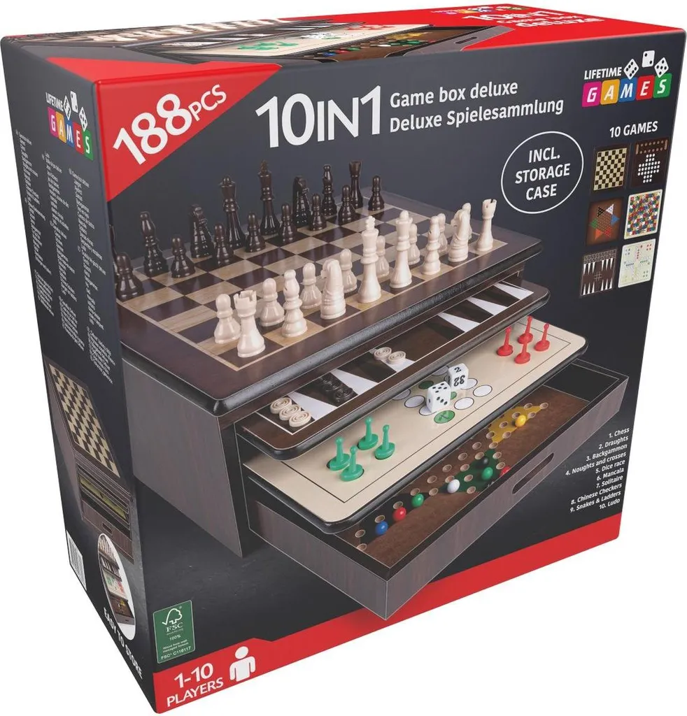 Compendium de jeux de société 10-en-1 en bois pour adultes et famille
