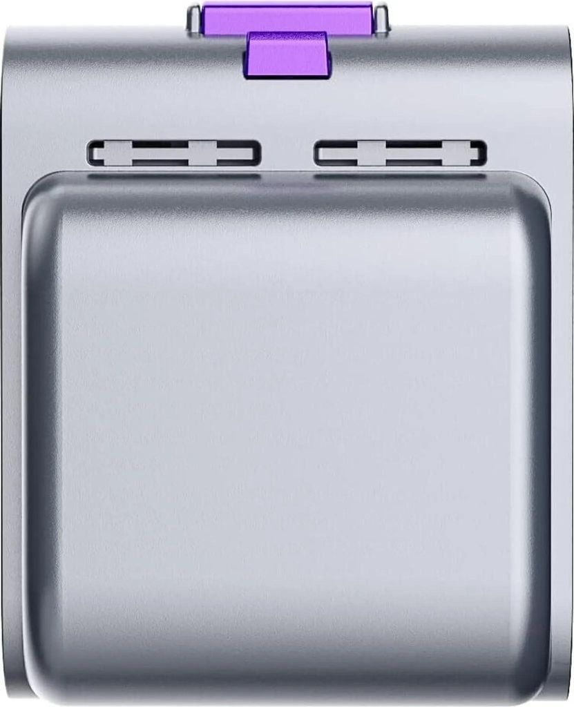 A close-up, top-down view of a silver-colored electronic device with a purple accent.