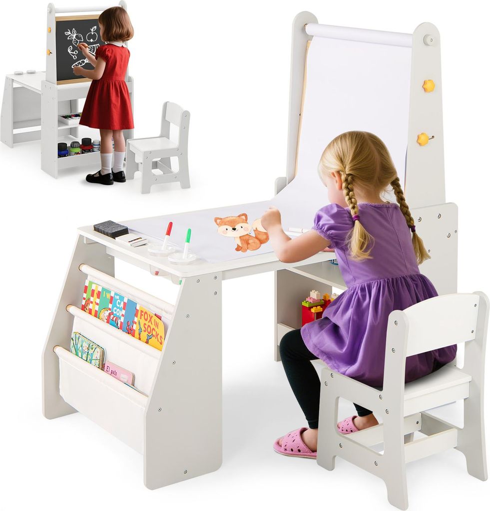 COSTWAY Kindertisch, Kindersitzgruppe mit Stuhl, Staffelei, Papierrolle, Zubehör, Whiteboard, Kreidetafel & Bücherregal für Kinder ab 3+, Grau