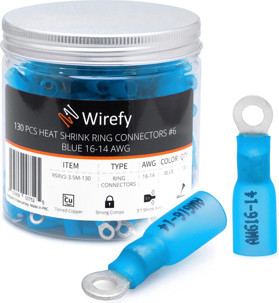 Wirefy Blaue Ringkabelschuhe Schrumpfverbinder M3.5 - Lötfreie Kabelschuhe Sortiment - Ringkabelschuh Quetschverbinder 1,5-2,5 mm² - 130 Stück