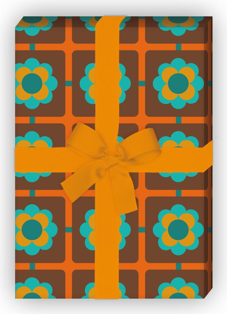 Trendiges 70er Jahre Geschenkpapier mit Retro Blüten Muster in orange blau - G7235, 32 x 48cm