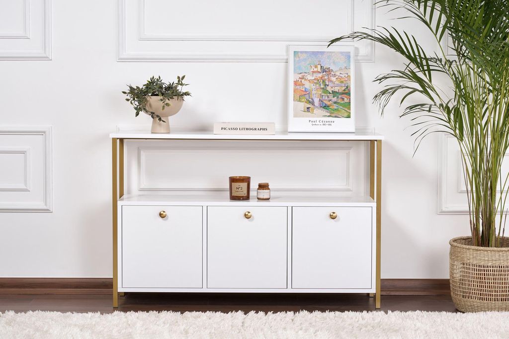 Skye Decor, Hochwertige Konsole in Weiß und Gold, 120 x 77 x 30 cm | 100% melaminbeschichtete Spanplatte, pulverbeschichtet, PVC-Kantenband | Mode...