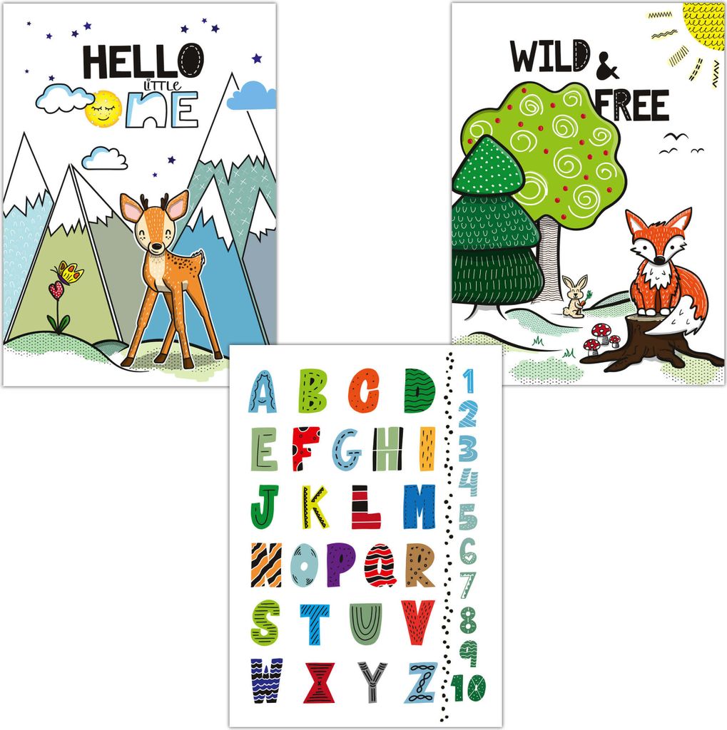 3er Poster Set Premium Bilder Kinderzimmer Tiere Kunstdruck Deko A4 Wandbild