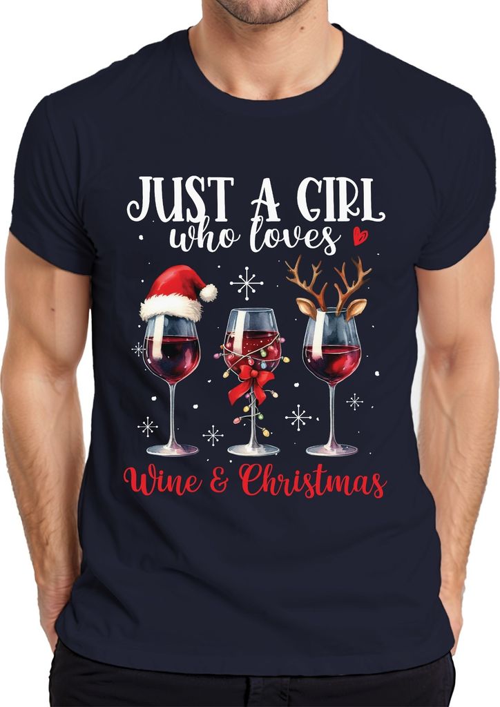 Just A Girl Who Loves Wine & Christmas - Weihnachten Weihnachtsgeschenk Christmas Herren T-Shirt, Navy, XL
