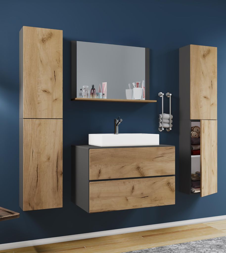 VCM 5-tlg. Waschplatz Waschtisch | Waschbecken Unterschrank Breite 60 cm | Badmöbel Set mit Schubladen Drehtüren Spiegel | Lendas XL Schublade