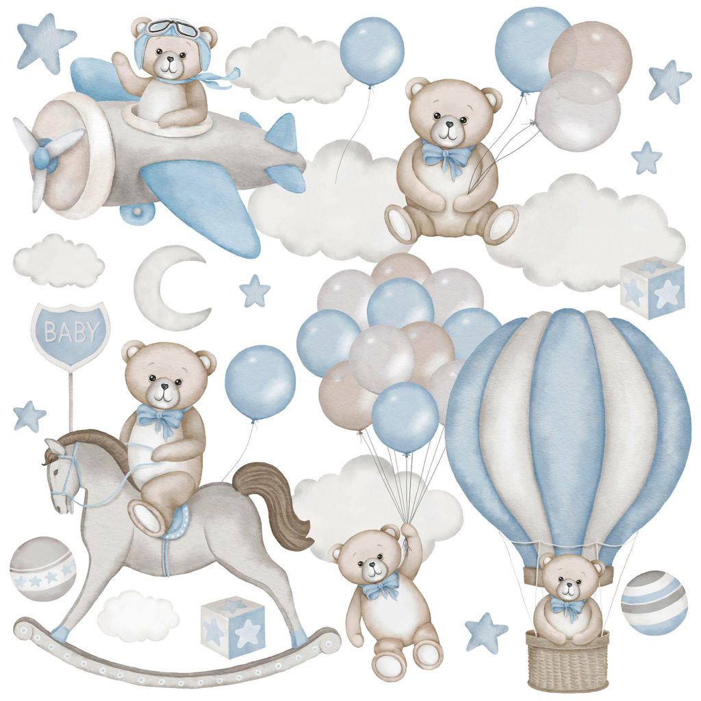 Muralo Wandsticker Set für Kinderzimmer TEDDYBÄREN Ballons Wolken Sterne Br. 120cm x Hö. 60cm - Wandtattoos Set für Babyzimmer