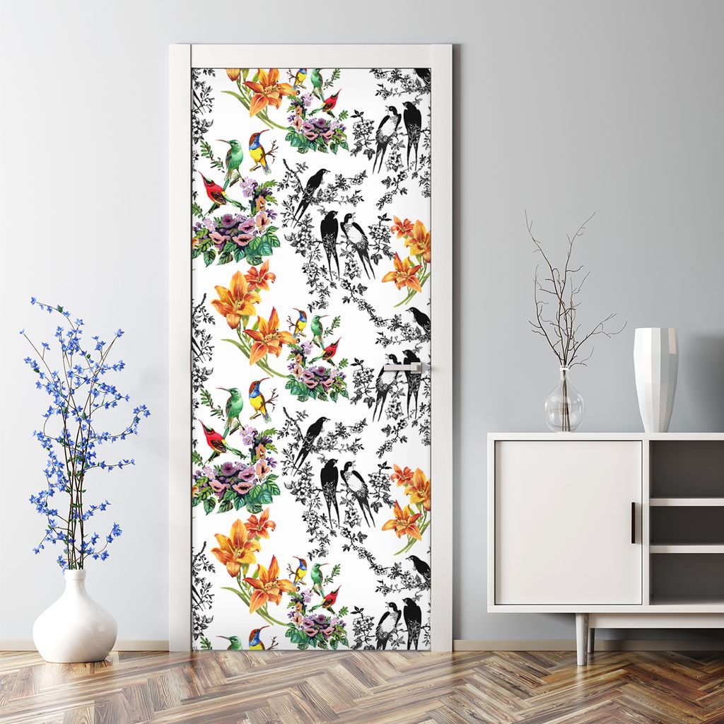 Dekorative Türaufkleber selbstklebend Klebefolie Aufkleber Bunte Blumen & Vögel 77 x 200 cm