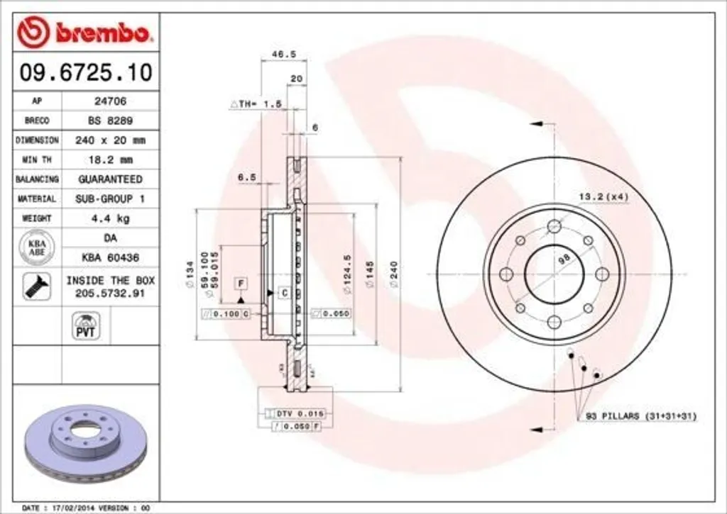 Brembo 09.6725.10 Disque de Frein OE 46419204 pour Fiat Palio et Siena