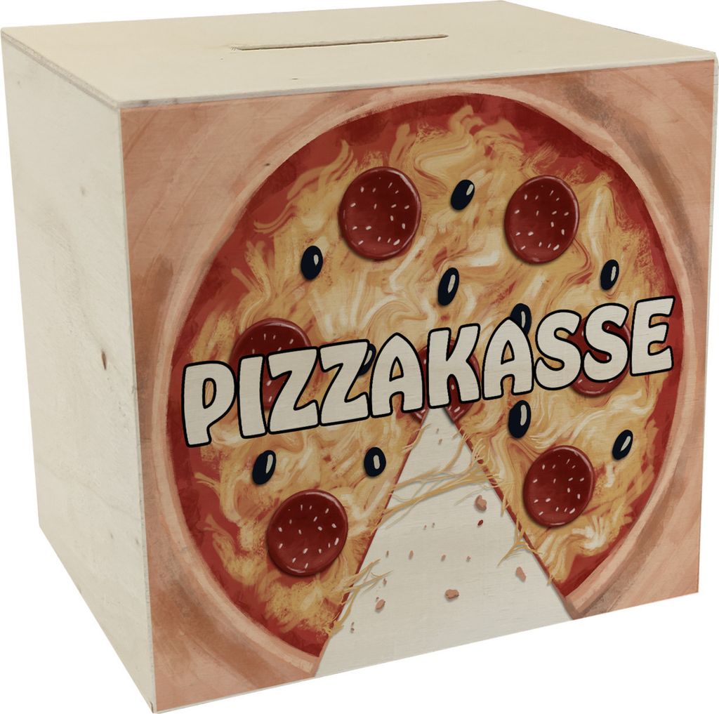 Pizzakasse Spardose aus Holz mit Pizzamotiv