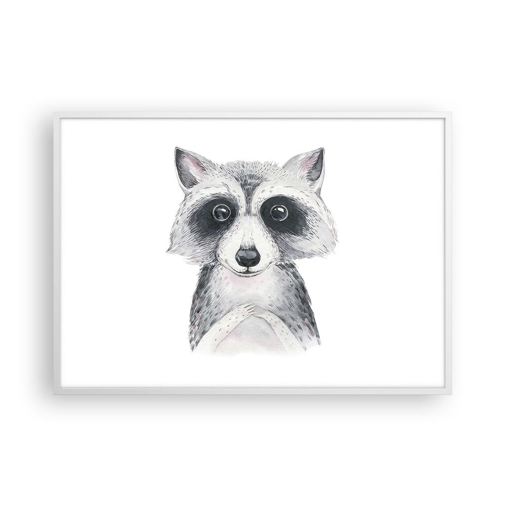 Gerahmtes Poster - Weißer Rahmen - Waschbär Bild Kinder - 100x70 cm - Wand Bild - Wanddeko - Wandbilder - Kunstposter - Wandposter - Bilderrahmen...