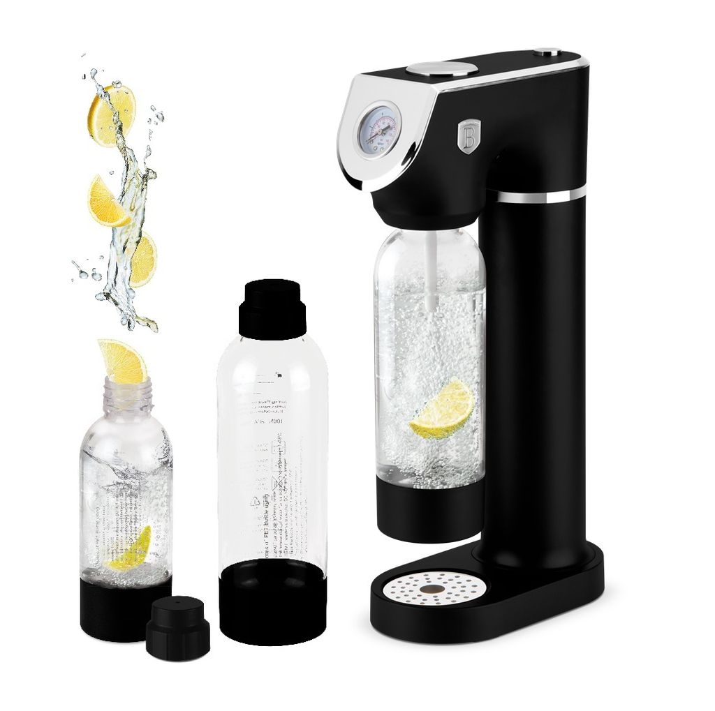 A black soda maker with two clear bottles and lemon slices.