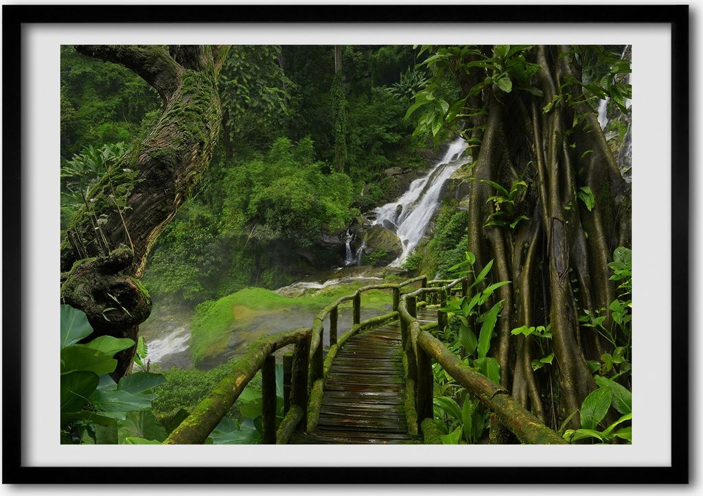 Bild - Bilder - Bilderrahmen - 70 cm x 50 cm - MDF-Rahmen, Wandkunst Wasserfall im Dschungel
