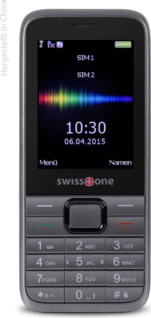 A studio shot of a swisstone SC 560 Dual-SIM-Handy in black and gray.