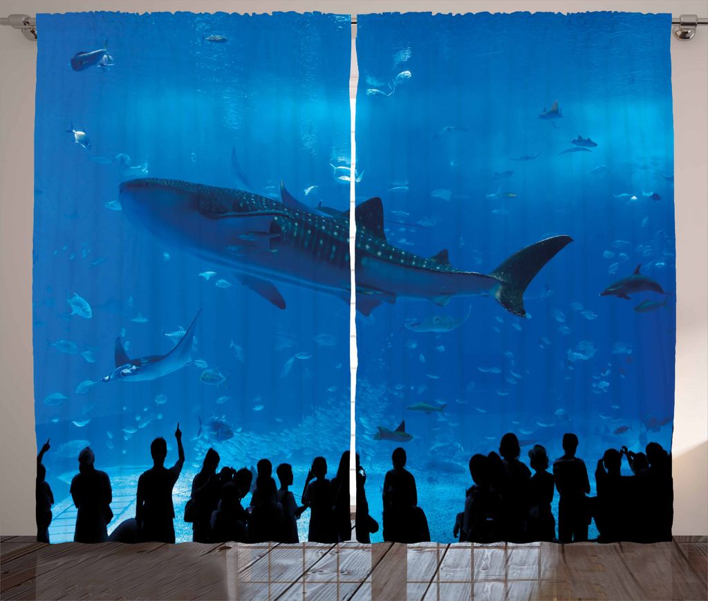 ABAKUHAUS Hai Rustikaler Vorhang, Aquarium Park und Menschen, Wohnzimmer Universalband Gardinen mit Schlaufen und Haken, 280 x 225 cm, Schwarz Blau